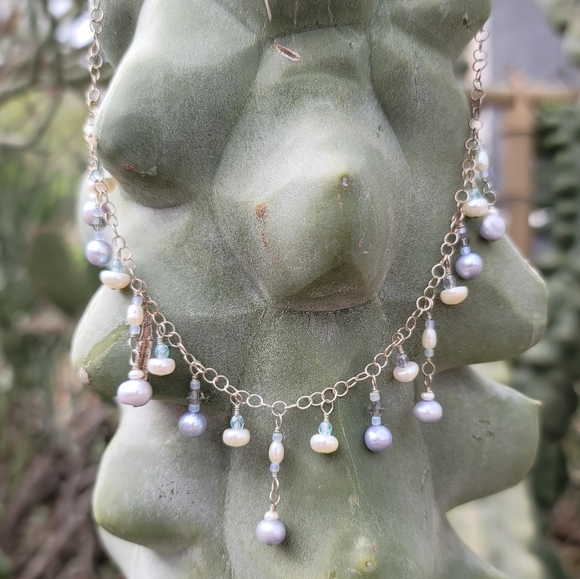 USA Handmade Necklace hand-wire-wrapped Freshwater pearl sterling silver & glass - Picture 2 of 7